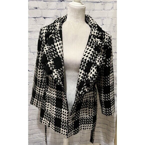 White House Black Market Coat Women Black White Belted Button Houndstooth Large - Picture 6 of 9